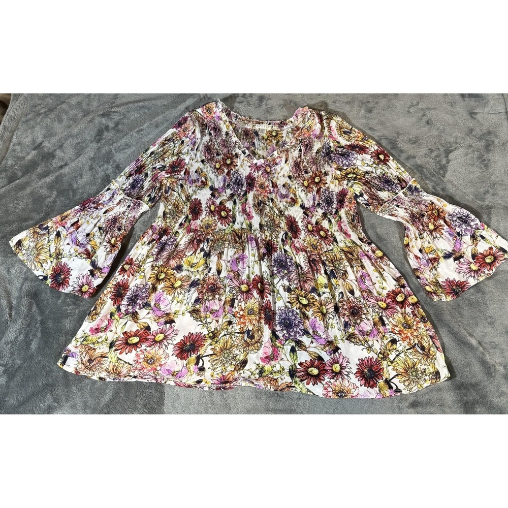 Spense Blouse Womens M Multicolor Floral Pleated Bell Sleeve Boho Tunic Top